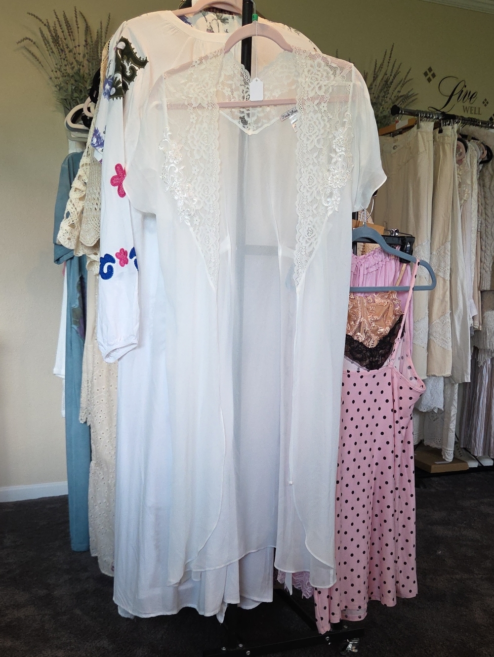 Linea Donatella Sheer Lace-Trim Robe in White